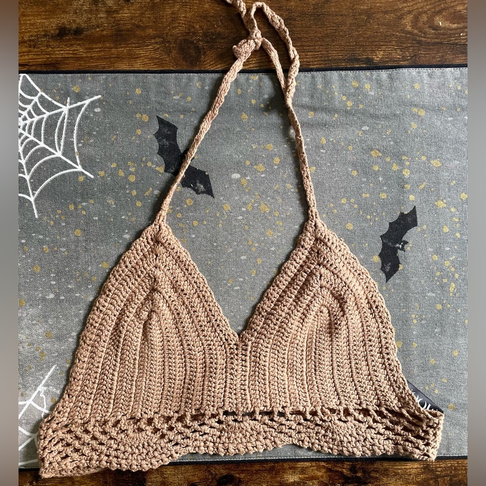 The Moon tan, crochet halter top - M/L